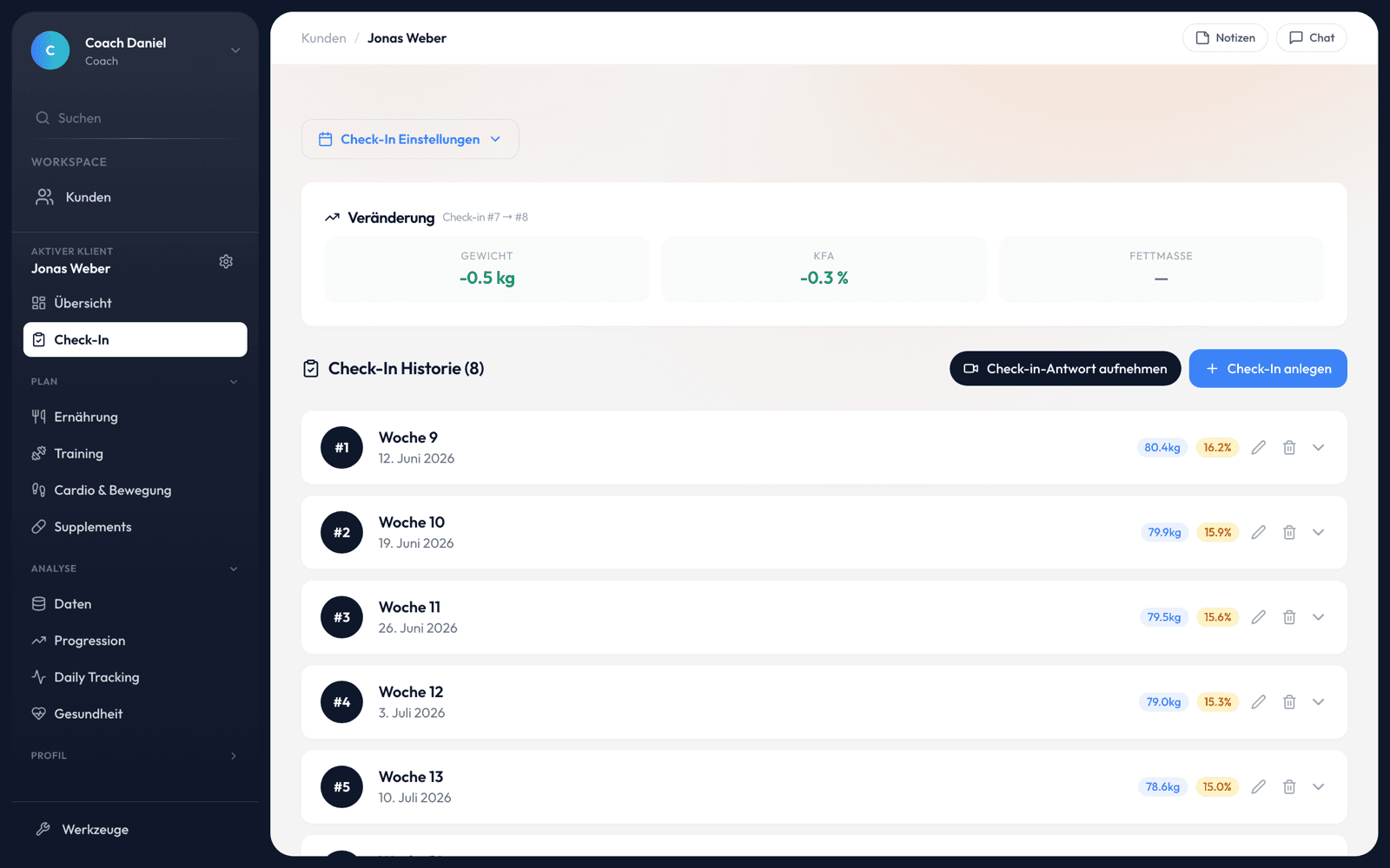 Evone Coach WebApp: Check-in-Ansicht eines Klienten